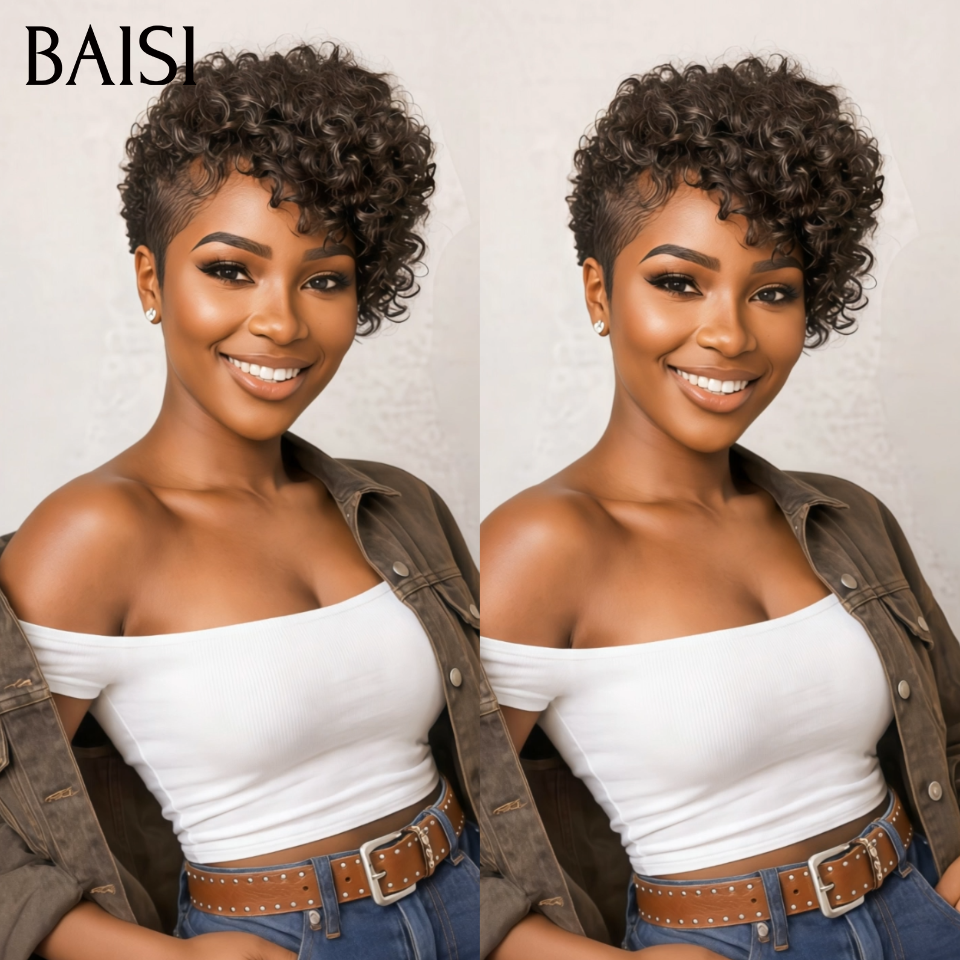 BAISI Perruque pixie curly wave OFFRE FLASH 68€ NOIR Fabriqué à la Machine Promotion en 100% Cheveux Humains