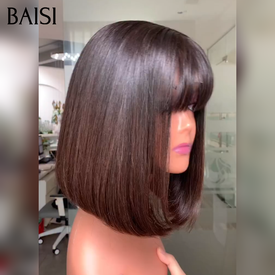 BAISI 15A SDD BONE STRAIGHT 100% Vietnam Hair bob Perruques de Luxe Lisse bob sans lace avec frange A1 Fabriquées par les cheveux double drawn B