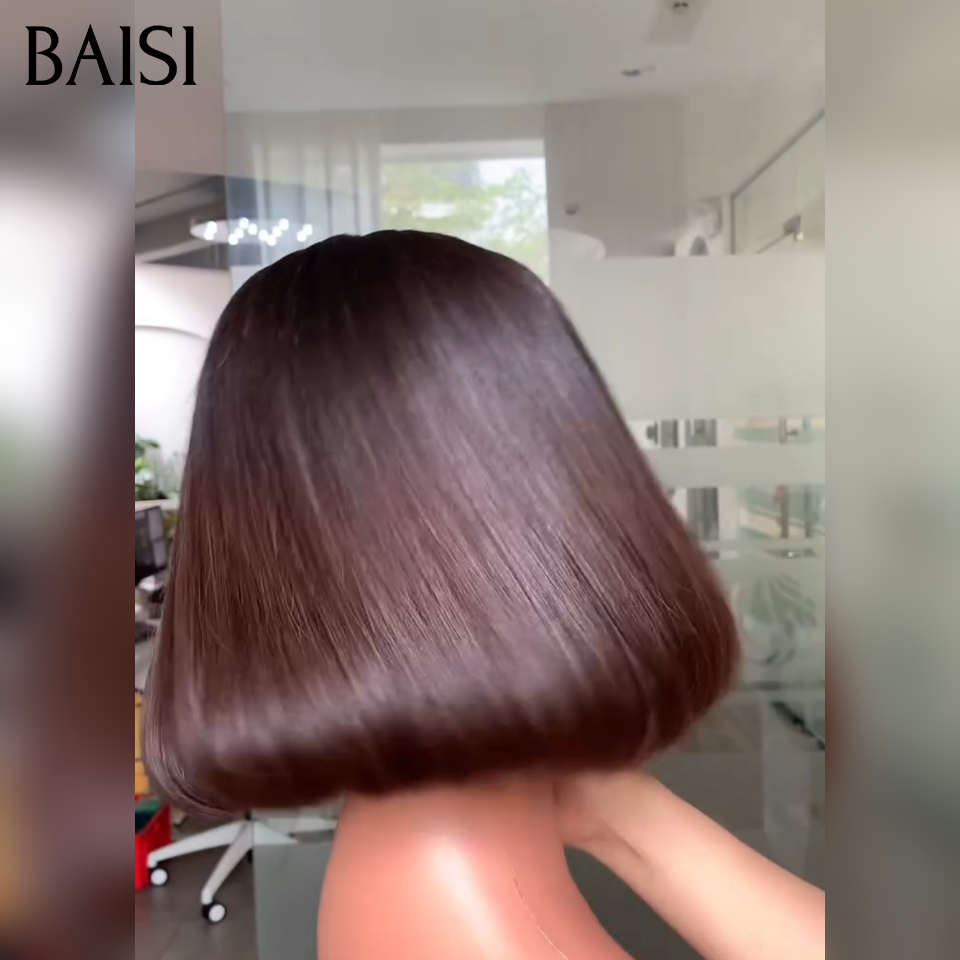 BAISI 15A SDD BONE STRAIGHT 100% Vietnam Hair bob Perruques de Luxe Lisse bob sans lace avec frange A1 Fabriquées par les cheveux double drawn B