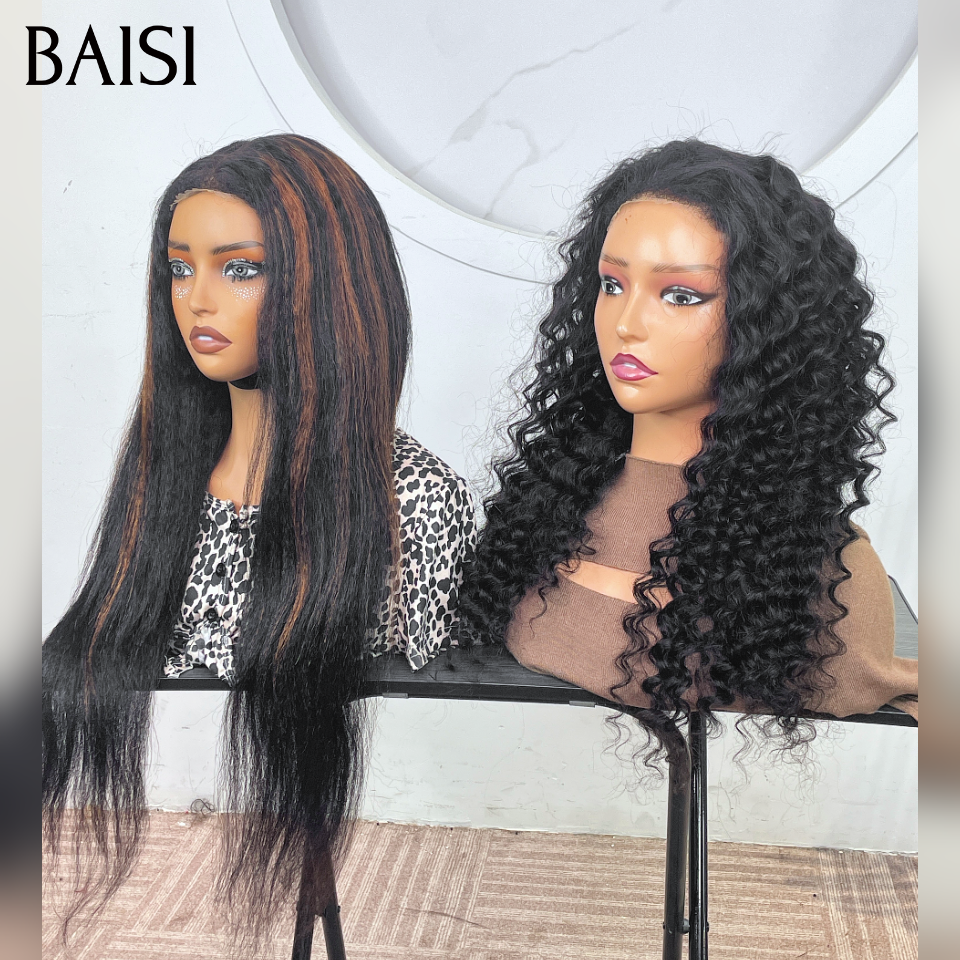 BAISI grande promotion Sans colle Facile à porter 4x6 Lace deep wave  NOIR 22 Pouces ou kinky straight 22 Pouces NOIR Mixte Miel Pré-plucked Pas Besoin de Colle 4C hairline en 100% Cheveux Humains