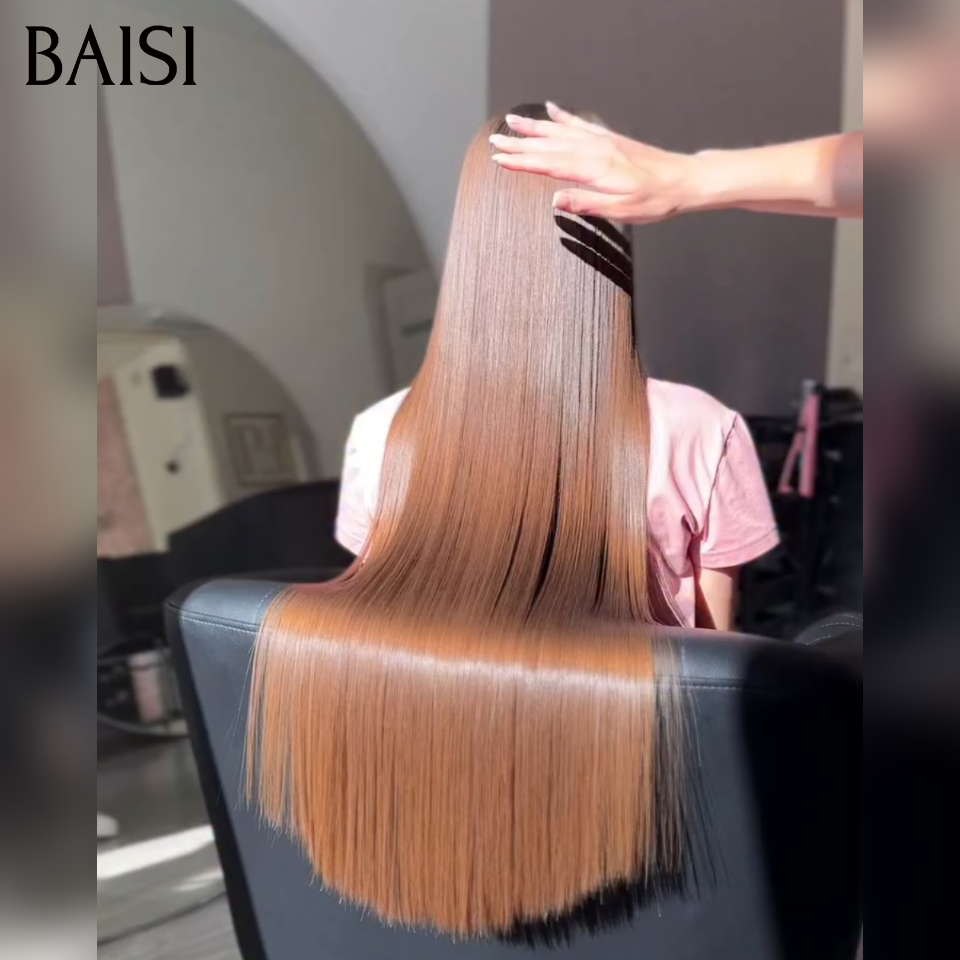 BAISI Moitié Prix Promotion Lisse 40 pouce avec Frange 99€ blended human hair en couleur miel Perruque ou 13x4 lace frontal lisse 20 pouce 139€ Raw Humain Hair