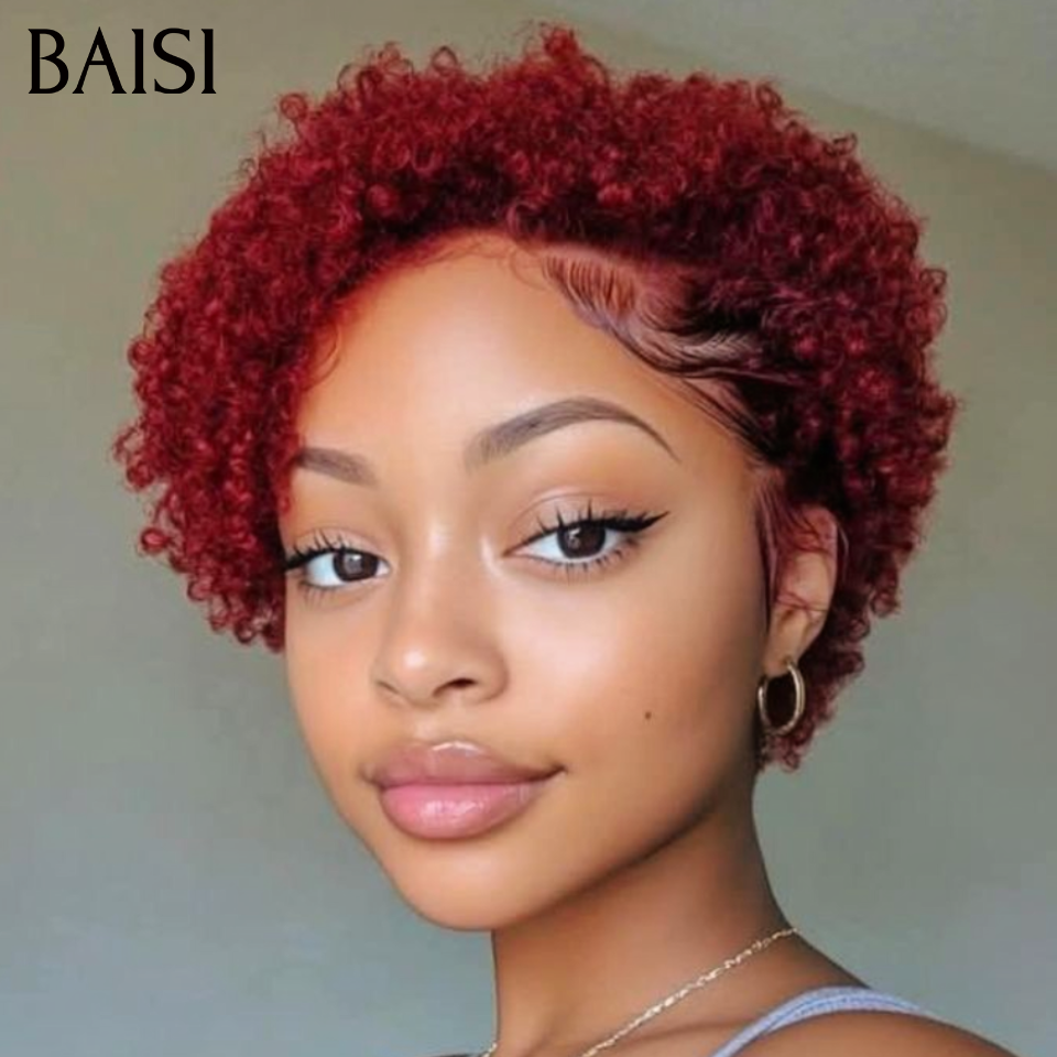 BAISI Achetez 2 perruques minimum au prix d'usine fournisseur Avec Frontale 66€ pixie afro bordeaux ou 13x4 Frontal Perruque Bob Curly En Orange Coupe Carrée En 100% Vrais Cheveux Humains (Pas Besoin De Code)