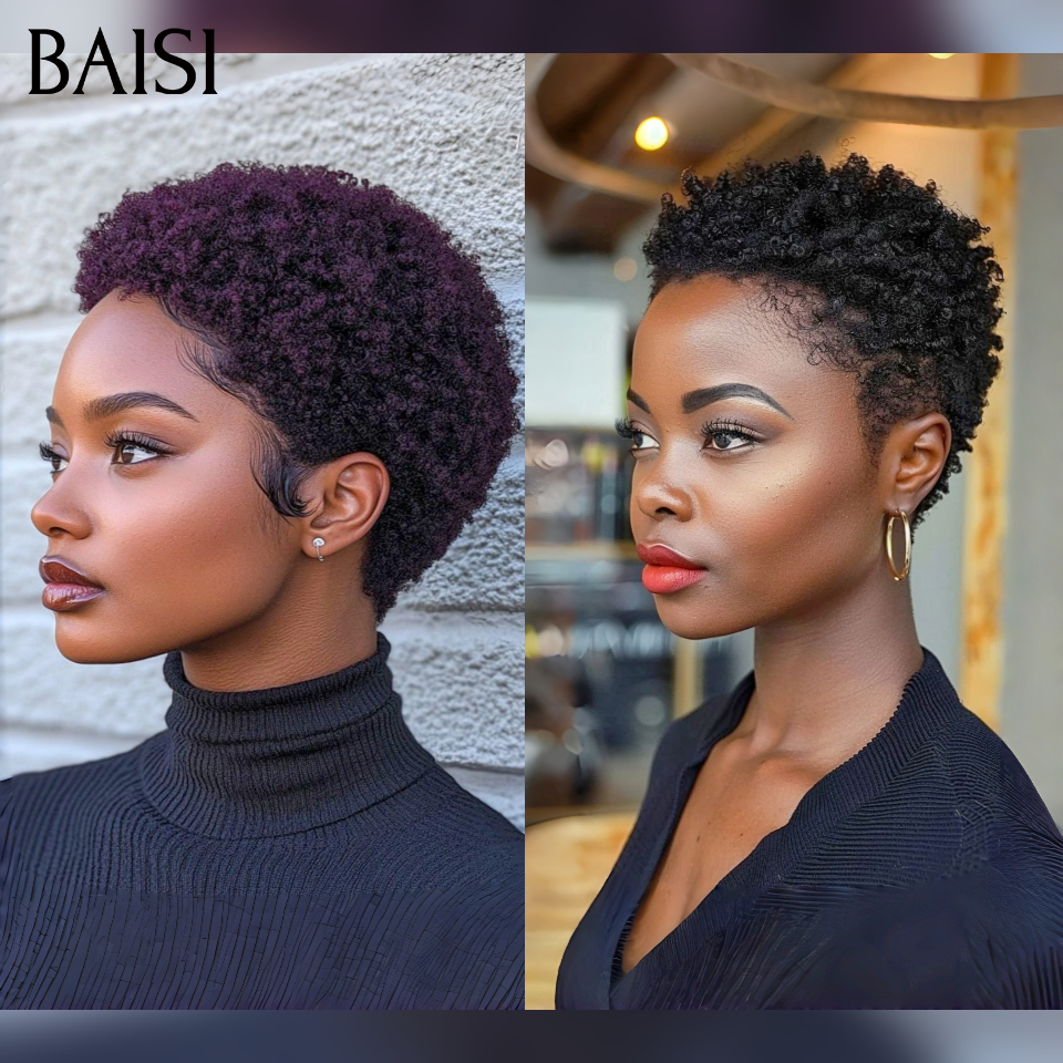 BAISI 2 Courtes 75€ pixie afro Sans Colle ou 2 Perruques sans colle Body wave et curly wave 18 pouces en 100% vrais cheveux humains VIP150