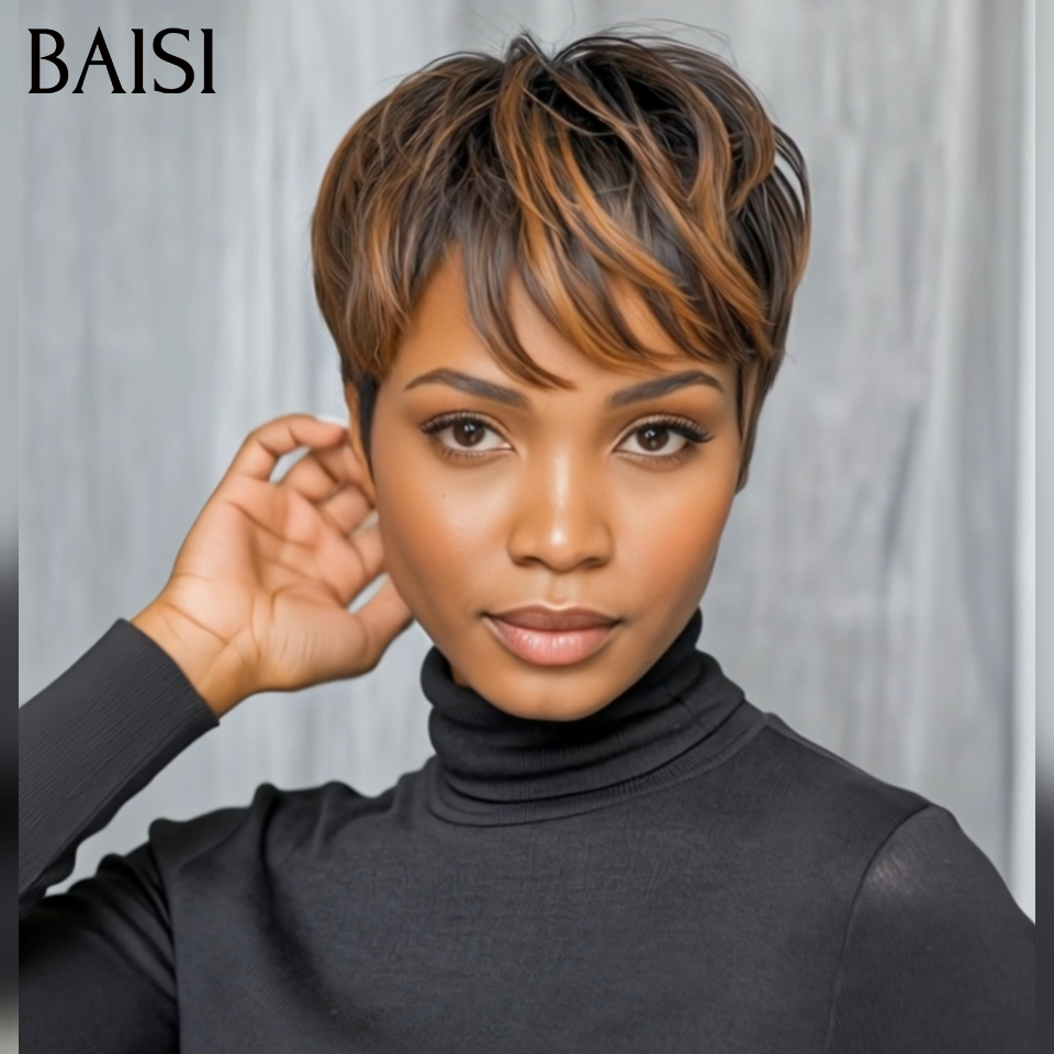 BAISI  Perruque Pixie Lisse petite coupe fabriqué à la machine moitié prix 45€ en couleur 1B/30# En 100% Cheveux Humains