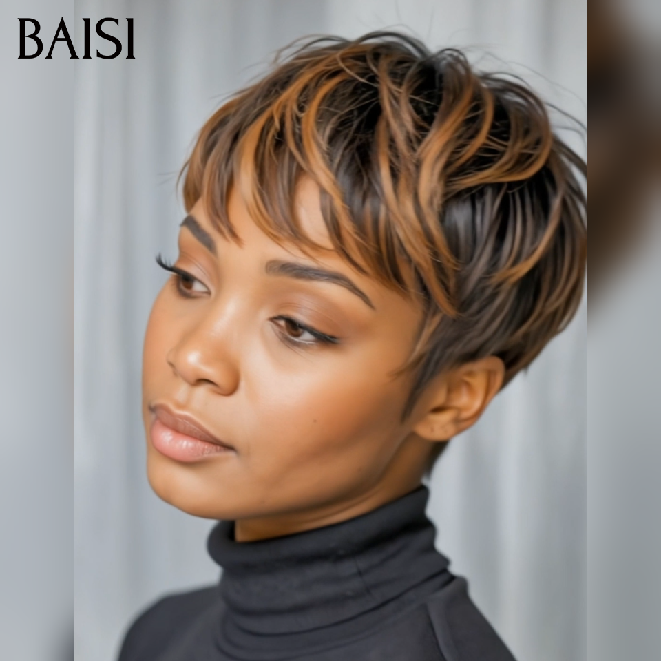 BAISI  Perruque Pixie Lisse petite coupe fabriqué à la machine moitié prix 45€ en couleur 1B/30# En 100% Cheveux Humains
