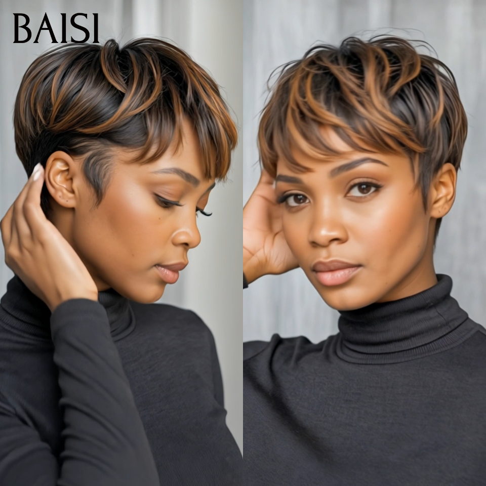 BAISI  Perruque Pixie Lisse petite coupe fabriqué à la machine moitié prix 45€ en couleur 1B/30# En 100% Cheveux Humains