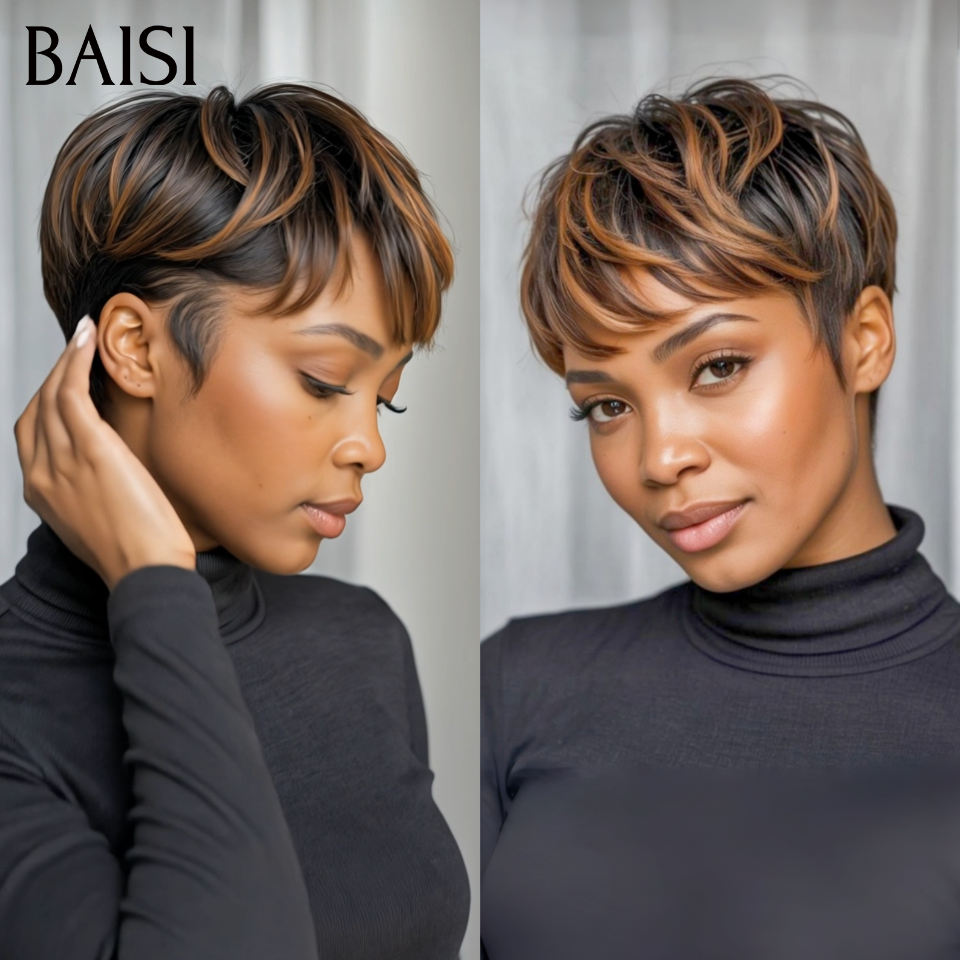 BAISI  Perruque Pixie Lisse petite coupe fabriqué à la machine moitié prix 45€ en couleur 1B/30# En 100% Cheveux Humains
