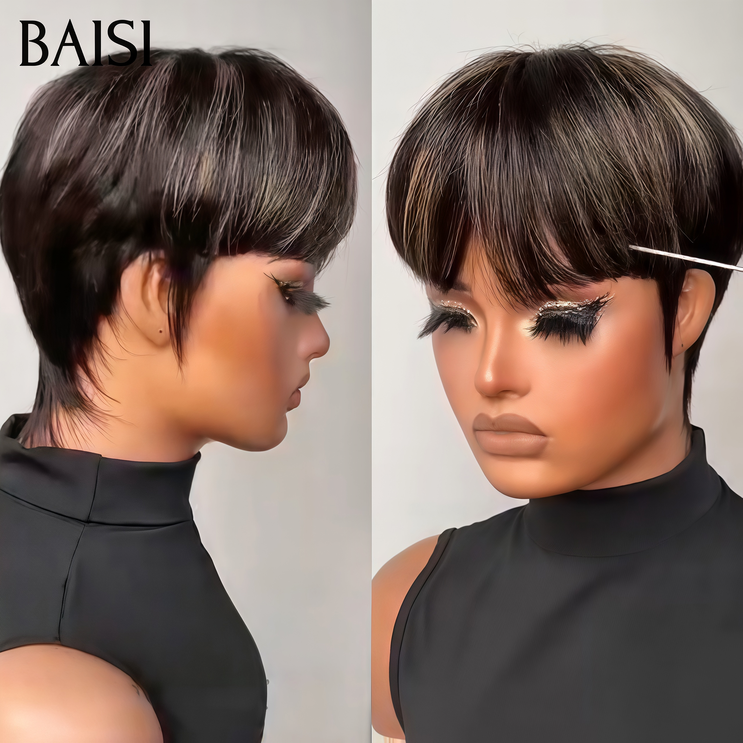 BAISI OFERTA FLASH Pixie 49€ Corte curto em 2 cores, preto misto, mel ou castanho #4 Peruca sem lace, sem cola, corte curto fabricada à máquina em 100% cabelo humano