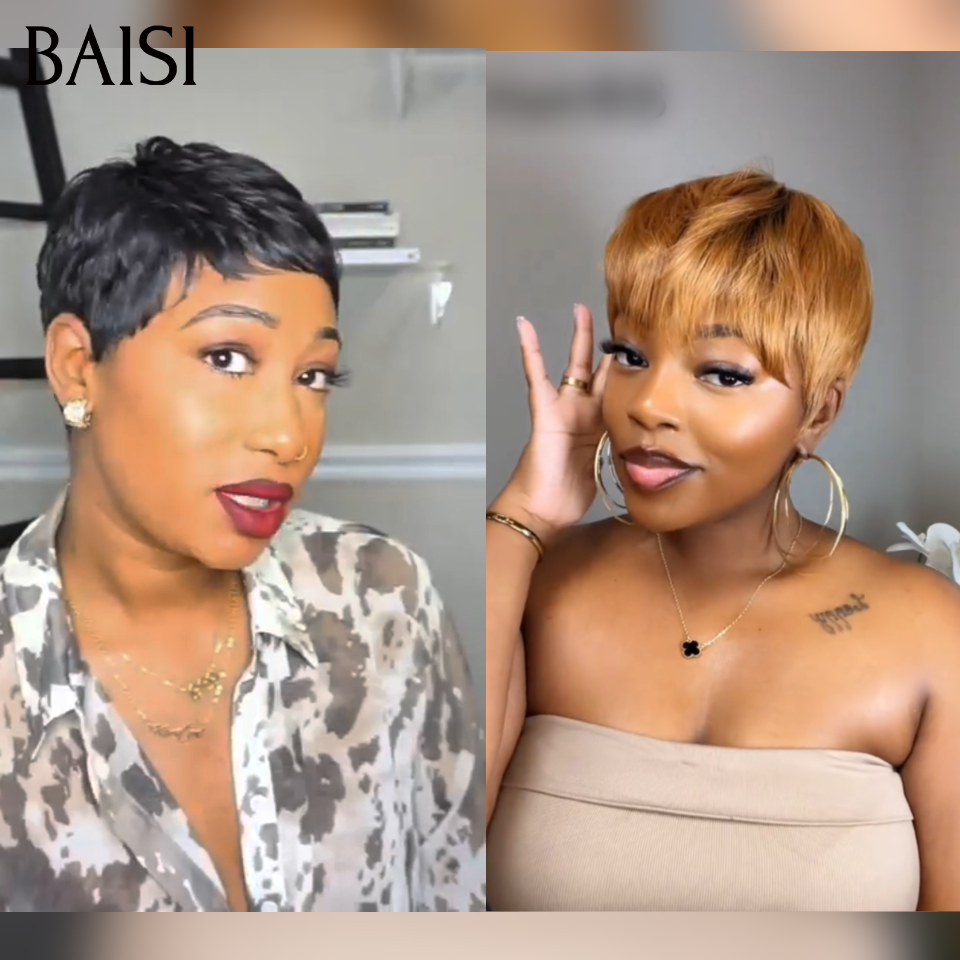 BAISI  Grande Promo 2 perruques 75€ petite coupe fabriqué à la machine en couleur Miel et NOIR  En 100% Cheveux Humains