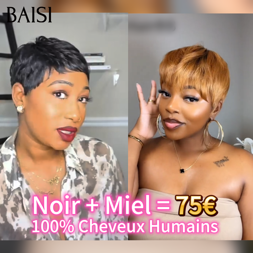 BAISI  Grande Promo 2 perruques 75€ petite coupe fabriqué à la machine en couleur Miel et NOIR  En 100% Cheveux Humains