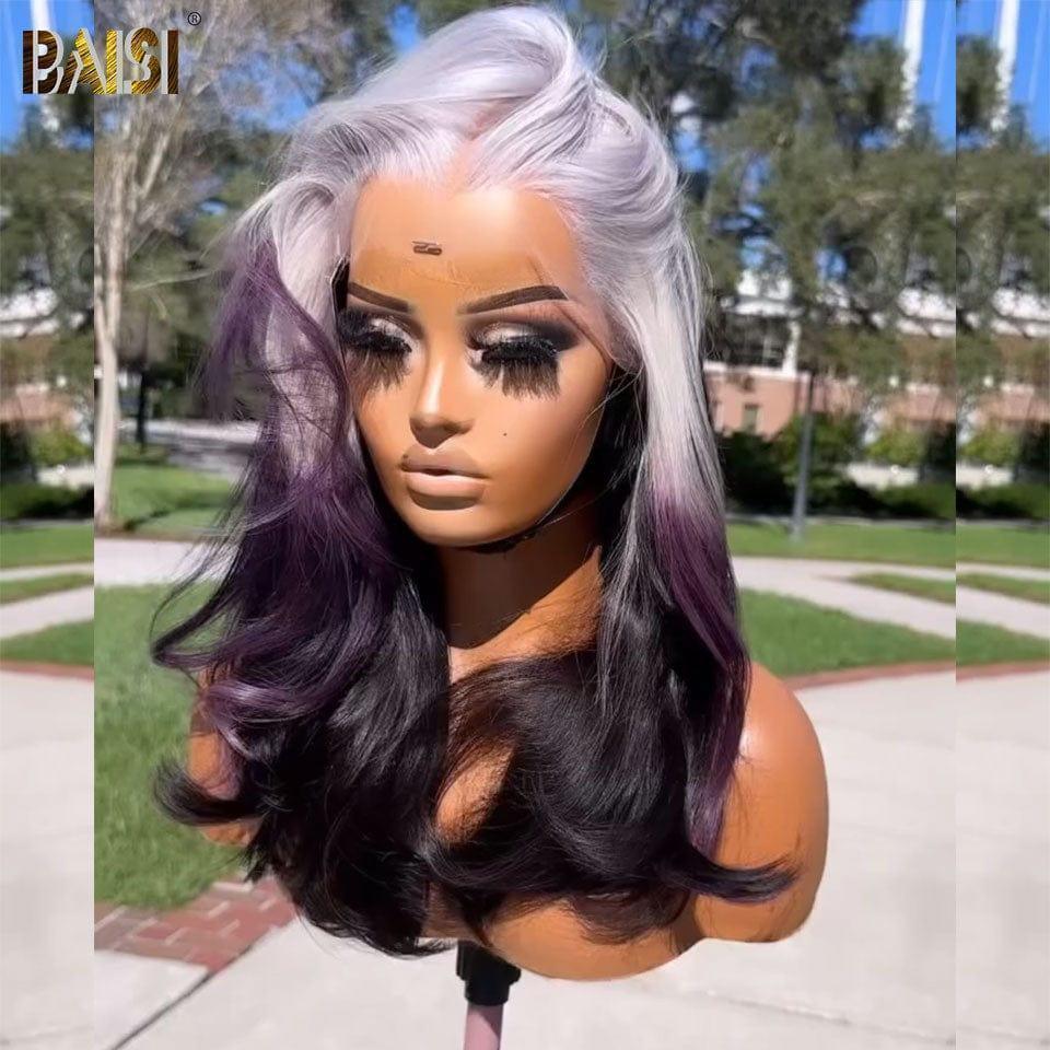 BAISI 13X4 Lace Perruque 18 Pouces En couleurs Violet avec Racine Blanc Lisse coupe personnalisée voluminieux En 100% Cheveux Humains