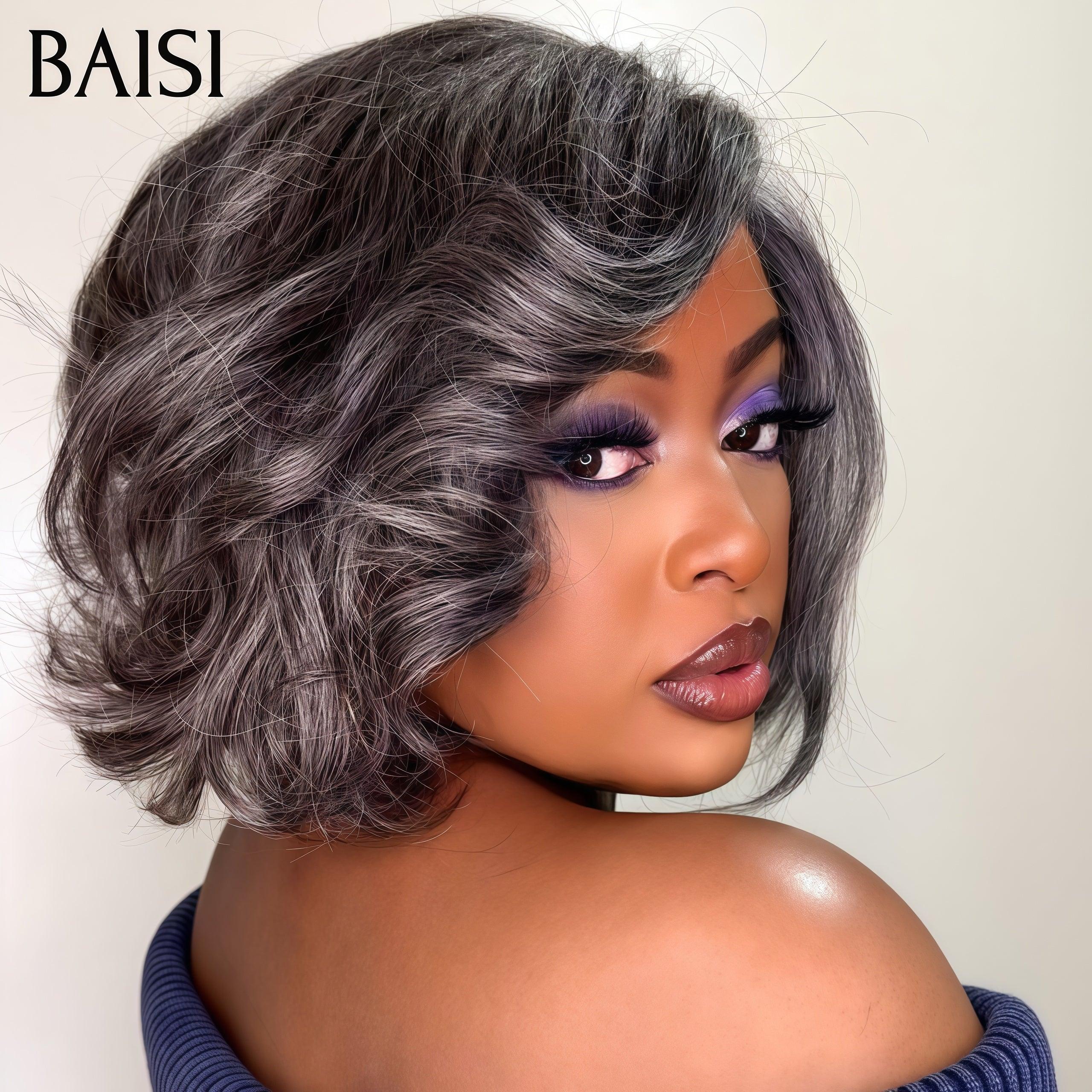 BAISI Collection Poivre et Sel 13X4 Perruque 95€ Bob bouclee Lisse noir mixte gris Pré-plucked Pas Besoin de Colle en 100% Raw Hair Lace déjà couper