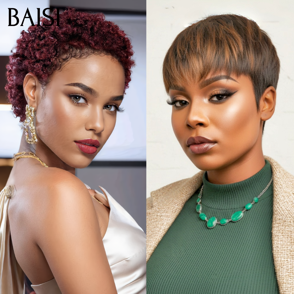 BAISI 2 Pixie Courte 78€ Sans Colle Marron et Bordeaux en 100% Cheveux Humains