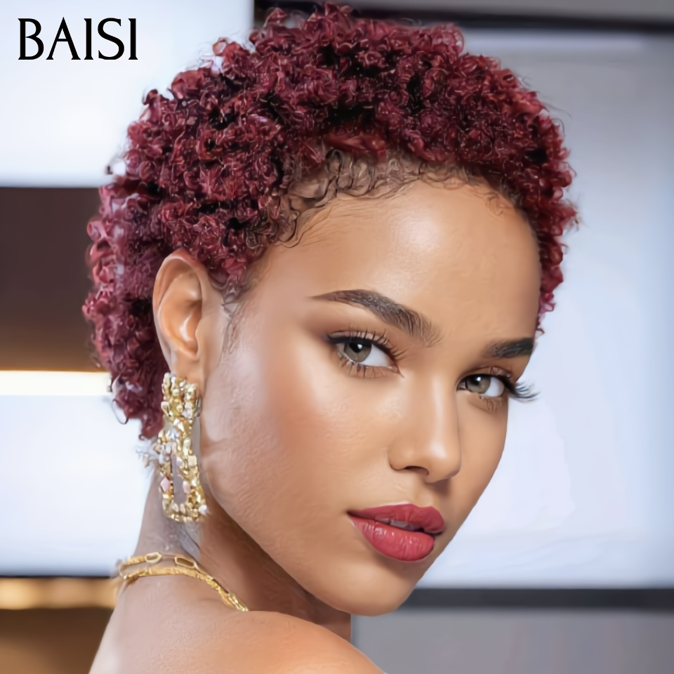 BAISI 2 Pixie Courte 78€ Sans Colle Marron et Bordeaux en 100% Cheveux Humains
