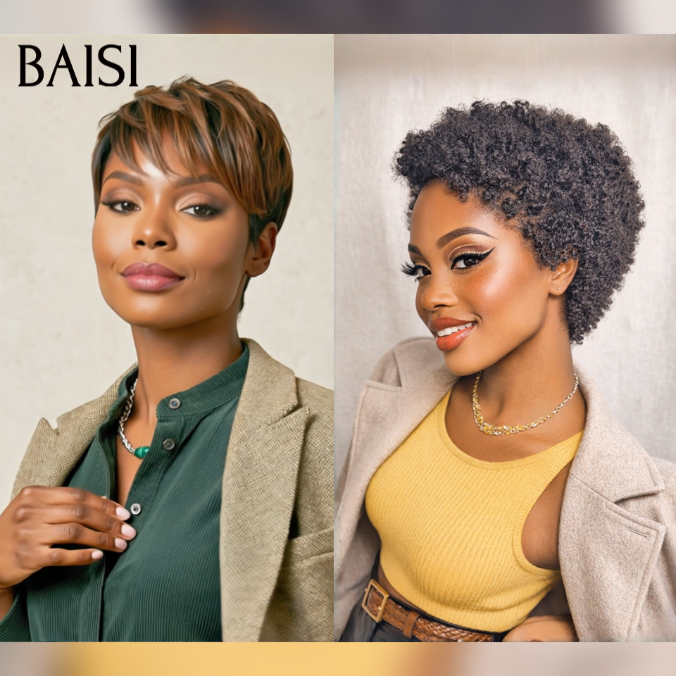 BAISI PROMO 1 Achetez +1 Gratuite 2 Perruques 68€ pixie Sans Colle en lisse en afro wave en 100% cheveux humains