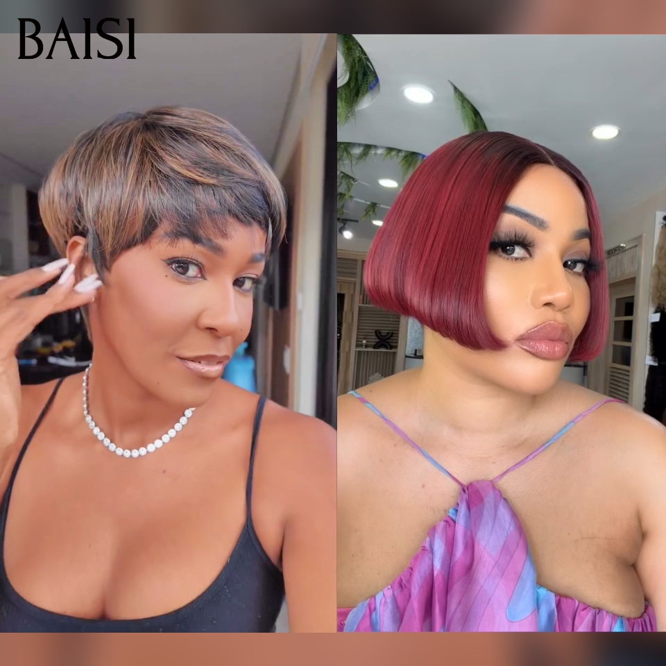 BAISI 1 Pixie 66€ + 1 Bordeaux 0€ Pixie Sans Colle et Lisse BOB blended human hair ou vente flash 8 perruques en 100% vrais cheveux humains 399 euro pixie et curly wave et Body wave