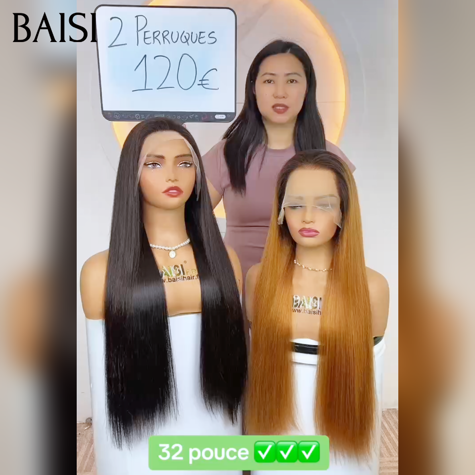 BAISI  PROMO 2 Perruques 32 pouce 13×4 lace frontal Lisse 120€  en blended human hair