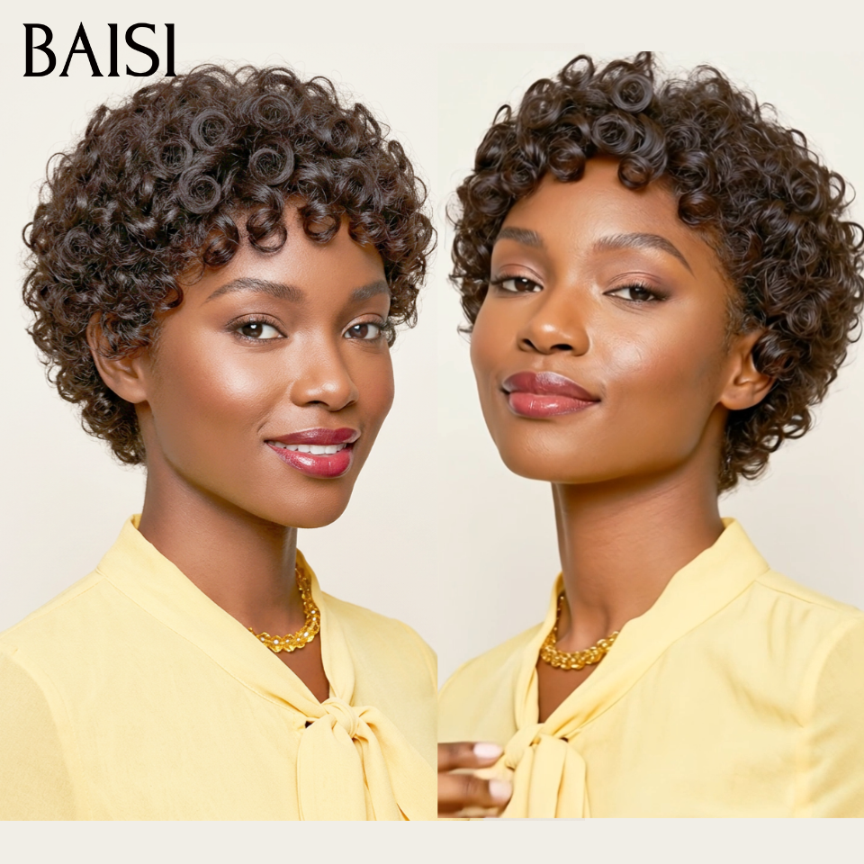 BAISI Promo 56€ Perruque pixie finger wave en Noir 1B# en 100% Cheveux Humains FR40