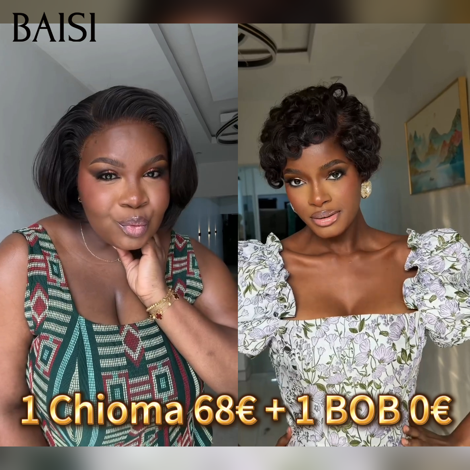 BAISI 1 Chioma 68€ + 1 BOB 0€ Pixie 13x4 Lace finger wave et Sans Colle ou 4X4 lace closure Perruque Bouclée Egg Wave 90€ Moitié Prix en couleur marron mixte orange En 100% Cheveux Humains