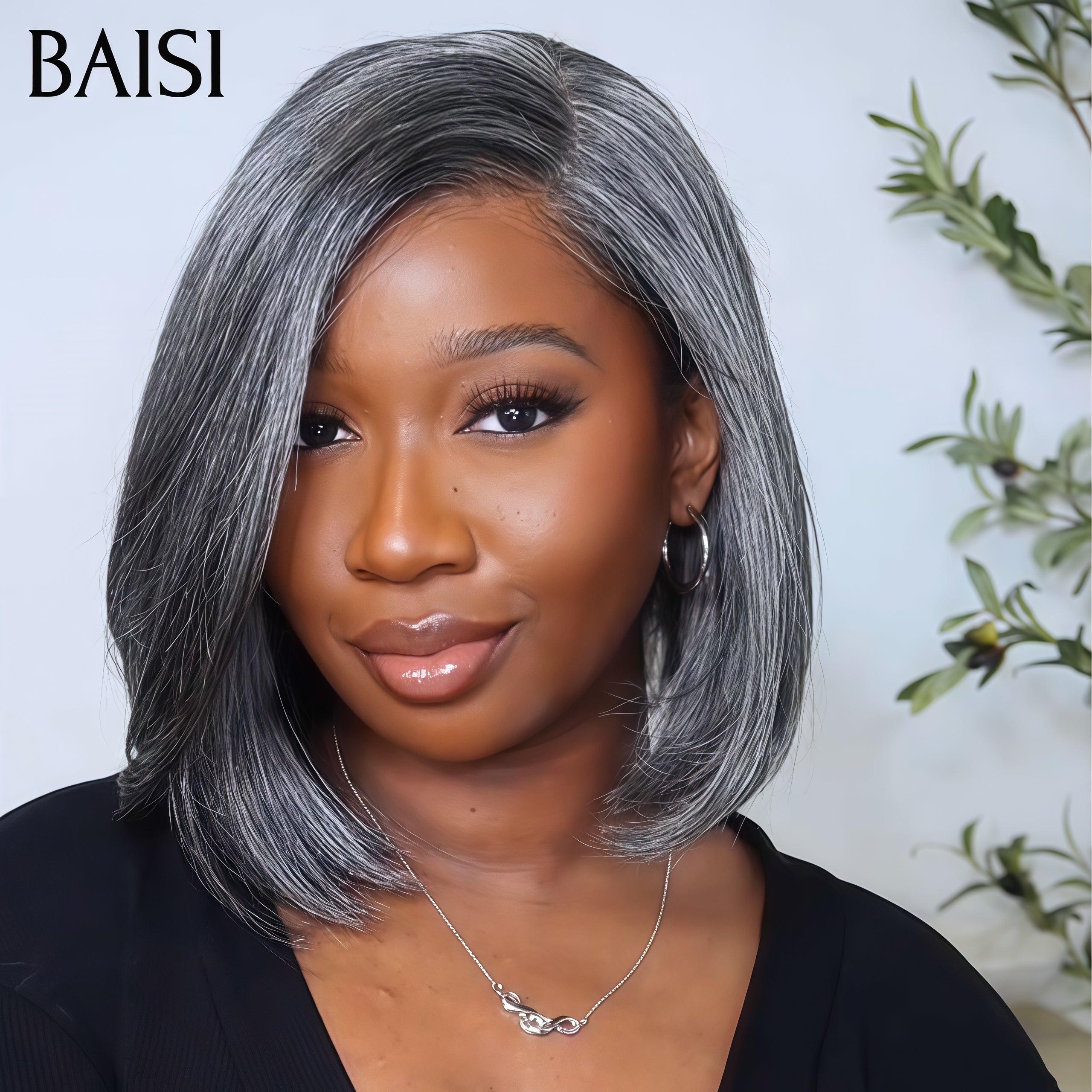 BAISI Collection Poivre et Sel 13X4 lace Perruque Lisse Couleurs personnalisées gris 10 Pouces 118€ Lace déjà couper Facile à Porter en 100% Cheveux Humains