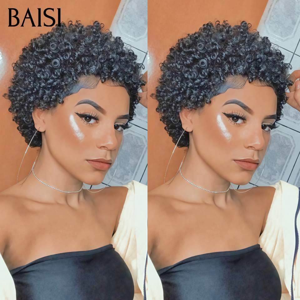 BAISI Achetez 2 perruques minimum au prix d'usine fournisseur Pixie Coupe 39€ Sans Colle NOIR ou 13X4 Lace Perruque Bouclé Body Wave En Couleur Marron 1BT4# (Pas Besoin de Code)