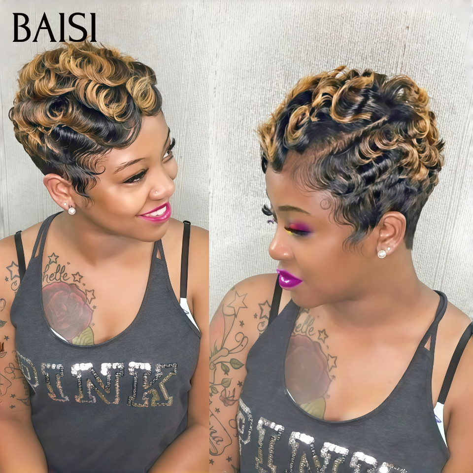 BAISI Achetez 2 perruques minimum au prix d'usine fournisseur Perruque Courte 49€ sans colle ou 13x4 Lace Frontal Perruque Body Wave En Couleur 1B#4#27MIX#27 Sans Colle Lace déjà couper Facile à Porter En 100% Cheveux Humains (Pas Besoins De Code)