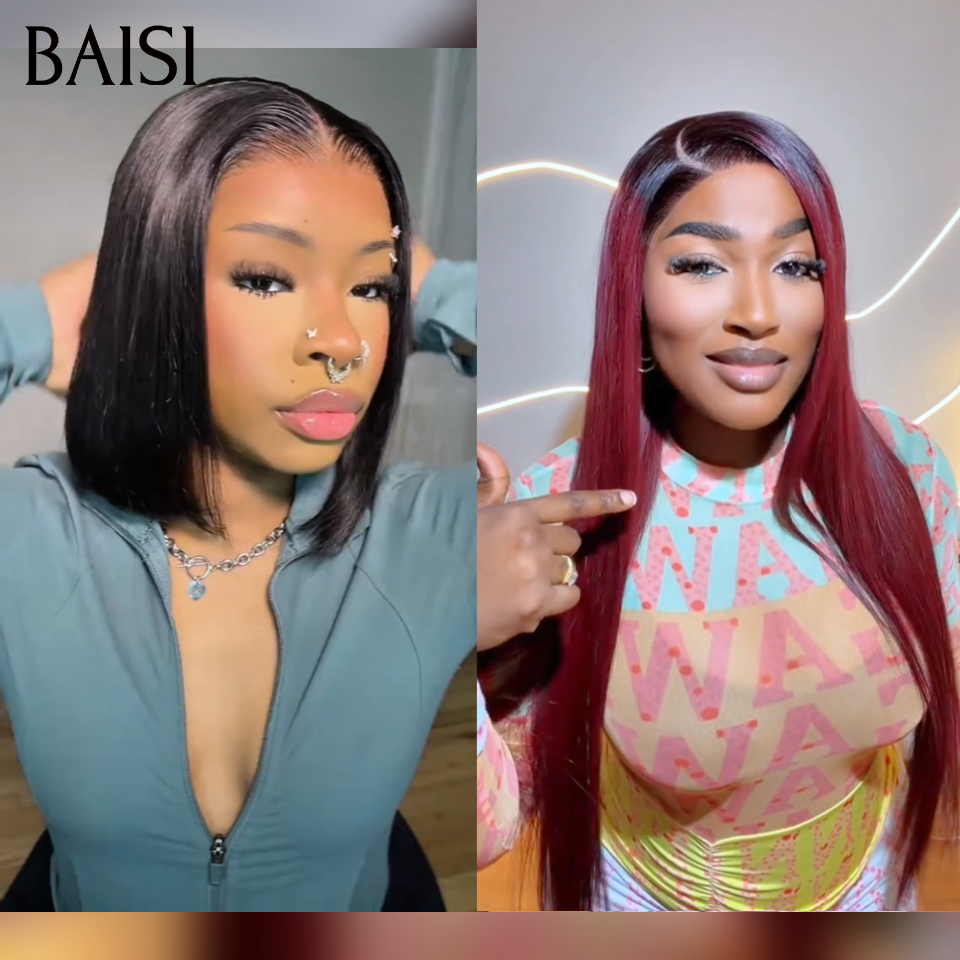 BAISI 2 Pour 149€ 13x4 Lace frontal Lisse 1BT99J# et blended human hair BOB ou Moitié Prix 69€ 13x4 lace frontal Perruque Bob lisse 10 Pouces en couleur  Miel avec racine Marron en 100% Cheveux Humains
