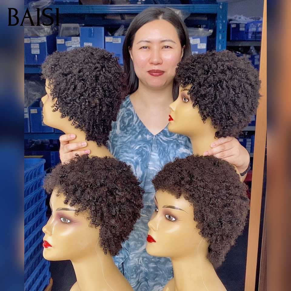 Perruque Vente en gros pixie sans Colle afro curly wave 60€ en Noir 1B# en 100% Cheveux Humains
