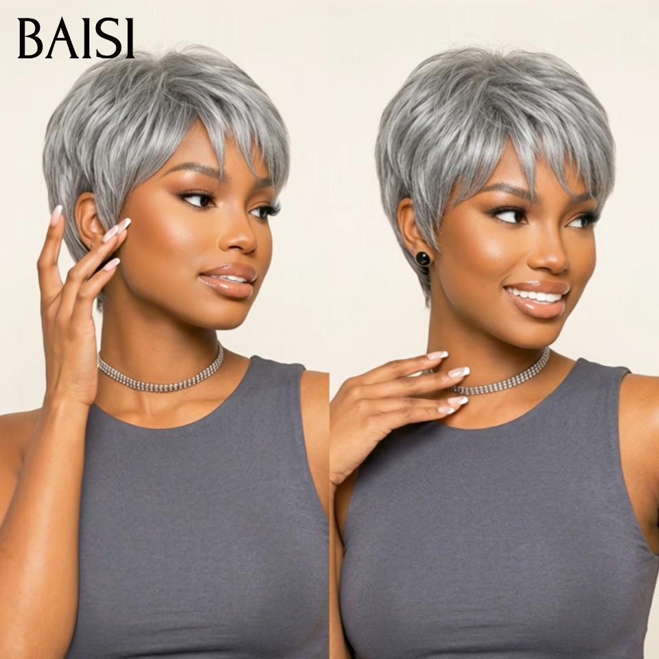 Vente flash Collection Perruques Poivre et Sel Perruque pixie Lisse gris 55€ Fabriqué à la Machine Facile à porter en 100% Cheveux Humains