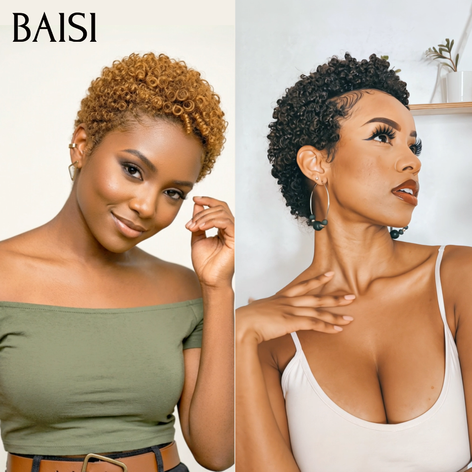 BAISI 2 Pixie Sans Colle 68€ Pixie afro curly ou 2 Perruques de Luxe Frontal 300€  Fabriquées par les cheveux double drawn 250% densité en 100% vrais cheveux humains