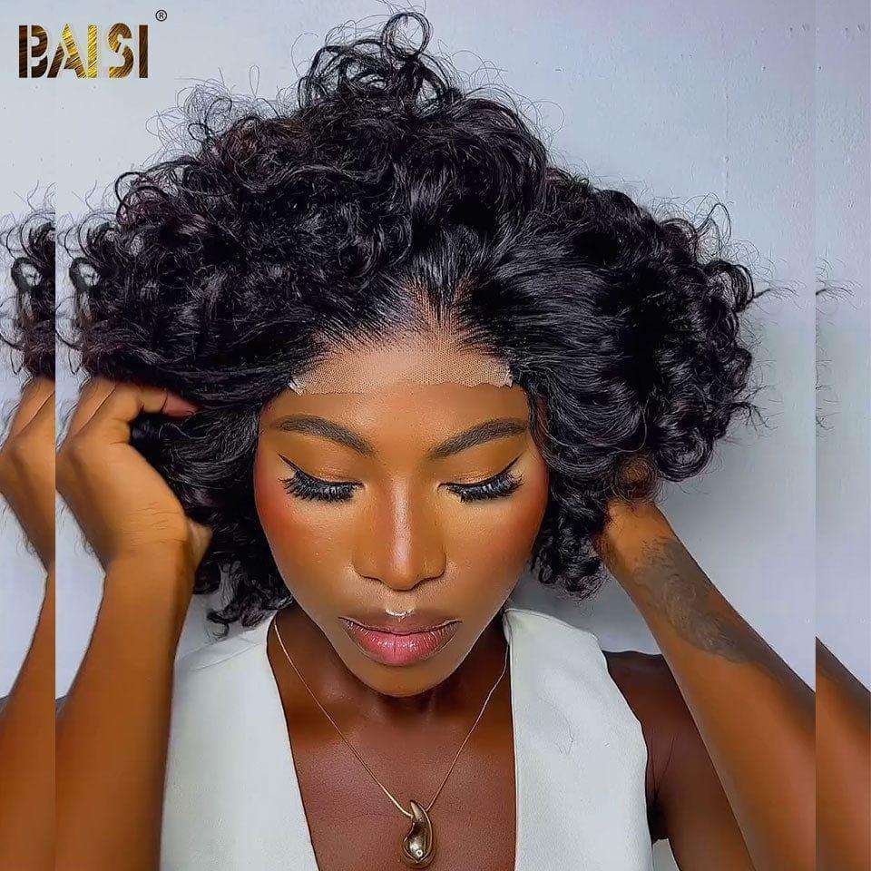 Pelucas BAISI 4X4 14 pulgadas 300% densidad Negro corte personalizado rizos voluminosos en cabello 100% humano Código FR20