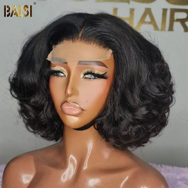 BAISI 5X5 Perruques 10 pouces Noir coupe personnalisée boucles voluminieux 300% densité plus de 20 ans d' utilisations