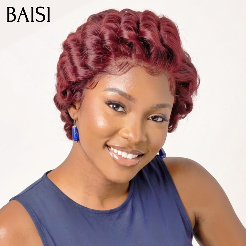 BAISI Perruque Pixie Finger Wave Moitié Prix petite coupe 58€ Bordeaux 99J# En 100% Vrais Cheveux Humains MP50
