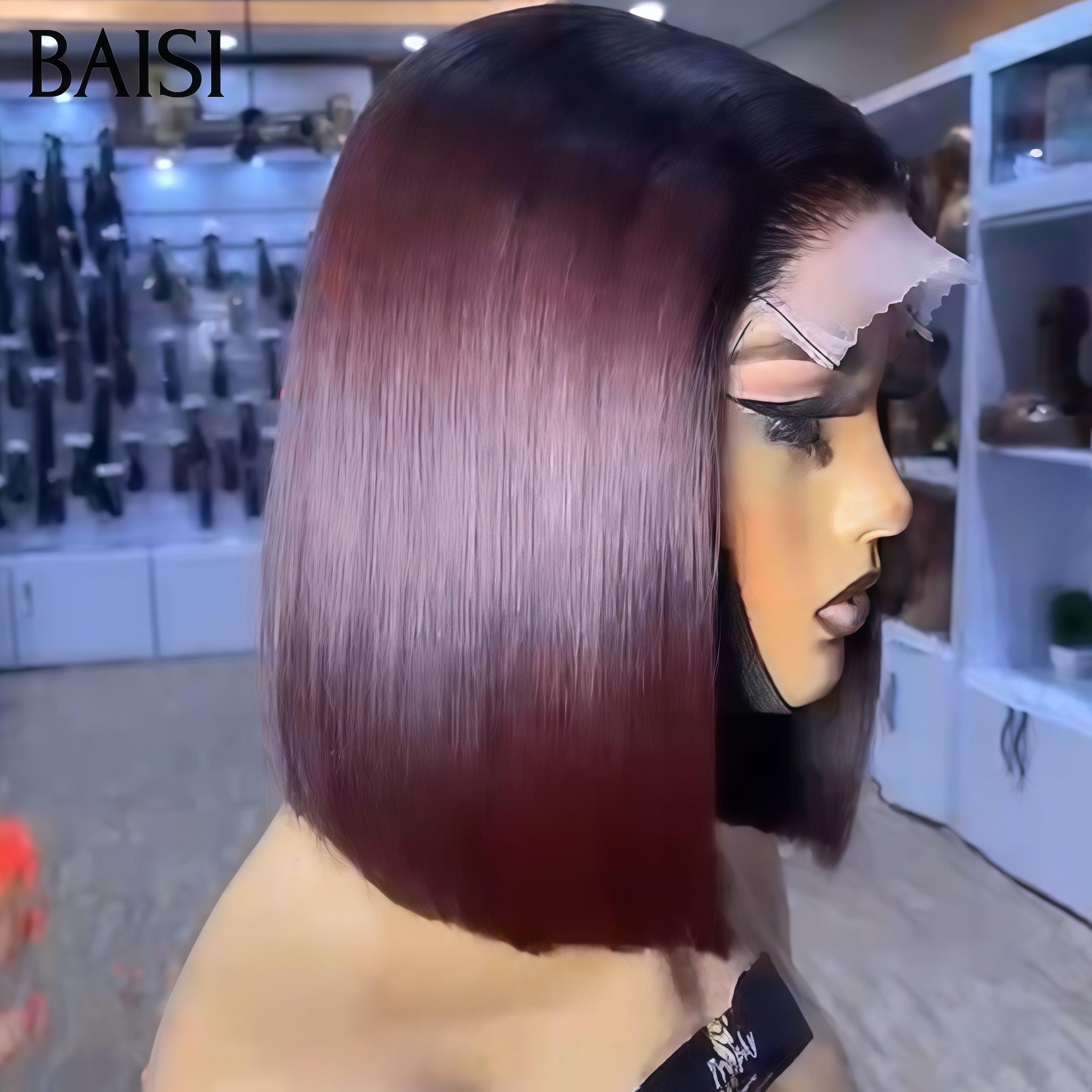 Parrucca Bob diritta in pizzo BAISI 4X4 8 pollici in colore NERO Mix Borgogna # 1Bmxi # 99J in capelli grezzi al 100%