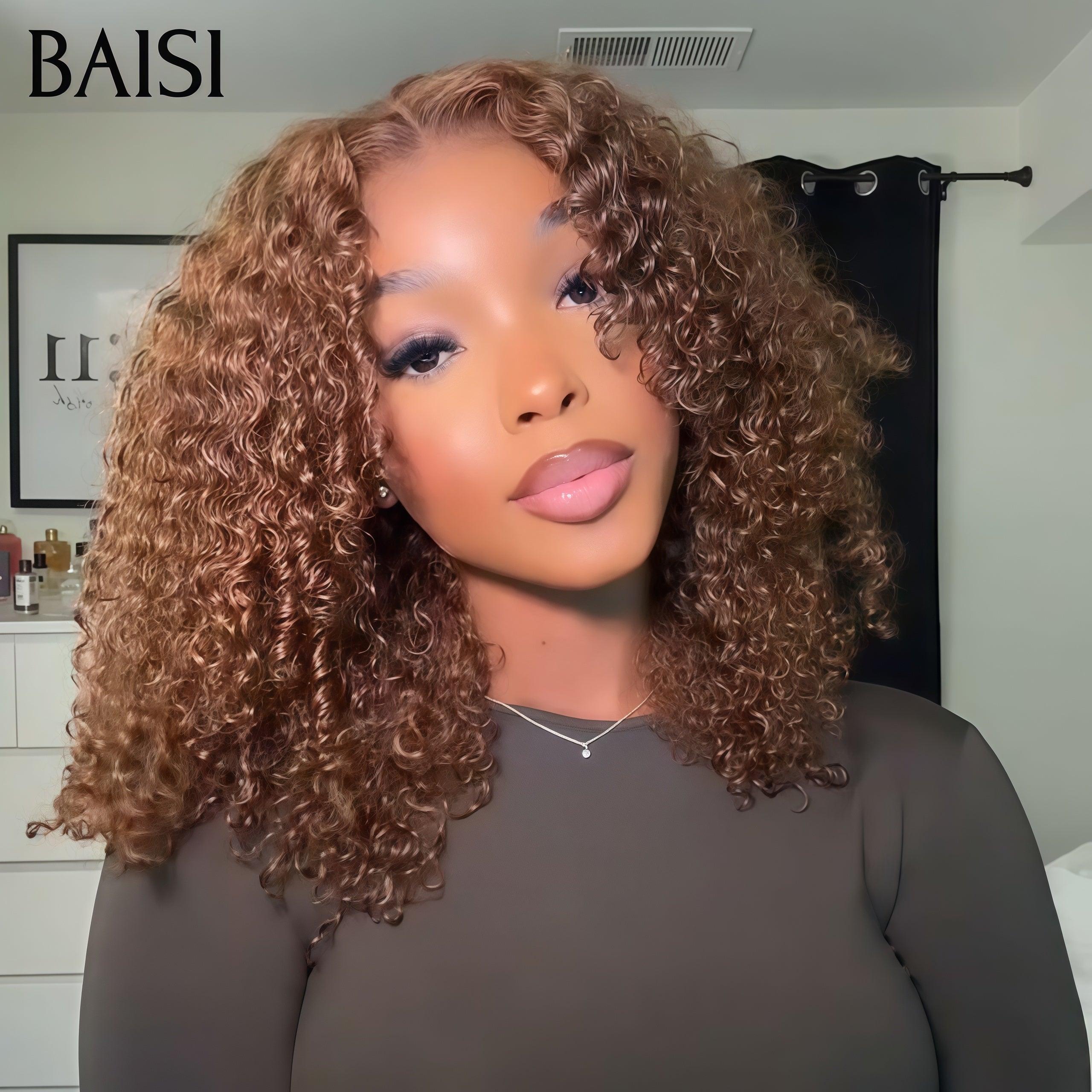BAISI Perruques 4x4 Lace Perruque 250% de volume water wave en couleur Marron en 100% Cheveux Humains