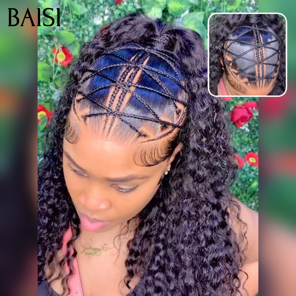 Prêt-à-porter 13x4 lace frontal Perruque Déjà Coiffée  curly wave avec coiffure tressée natte Nouveau produit en 20 pouces pour seulement 149€ en 100% Cheveux Humains