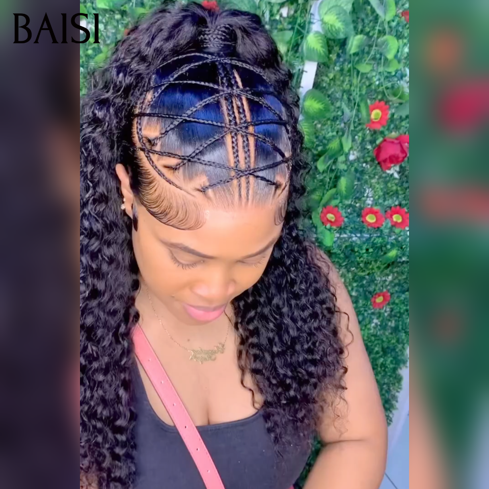 Prêt-à-porter 13x4 lace frontal Perruque Déjà Coiffée  curly wave avec coiffure tressée natte Nouveau produit en 20 pouces pour seulement 149€ en 100% Cheveux Humains