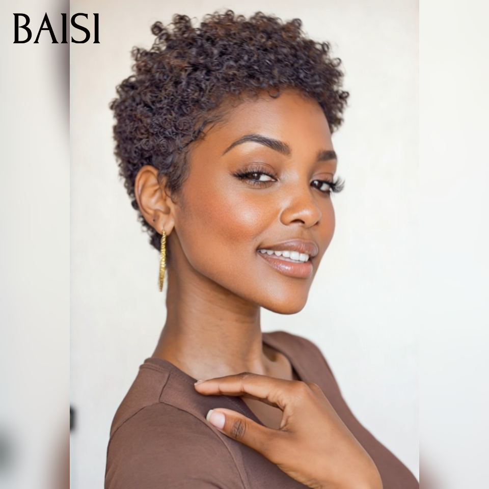 Promoção BAISI peruca pixie afro encaracolada ondulada em preto e castanho mesclado 50€ ou 4 perucas 180€ Fabricada à máquina finger wave e egg wave e lisa 100% cabelo humano
