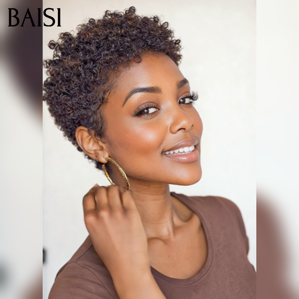 Promoção BAISI peruca pixie afro encaracolada ondulada em preto e castanho mesclado 50€ ou 4 perucas 180€ Fabricada à máquina finger wave e egg wave e lisa 100% cabelo humano