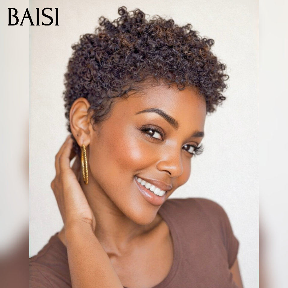 Promoção BAISI peruca pixie afro encaracolada ondulada em preto e castanho mesclado 50€ ou 4 perucas 180€ Fabricada à máquina finger wave e egg wave e lisa 100% cabelo humano