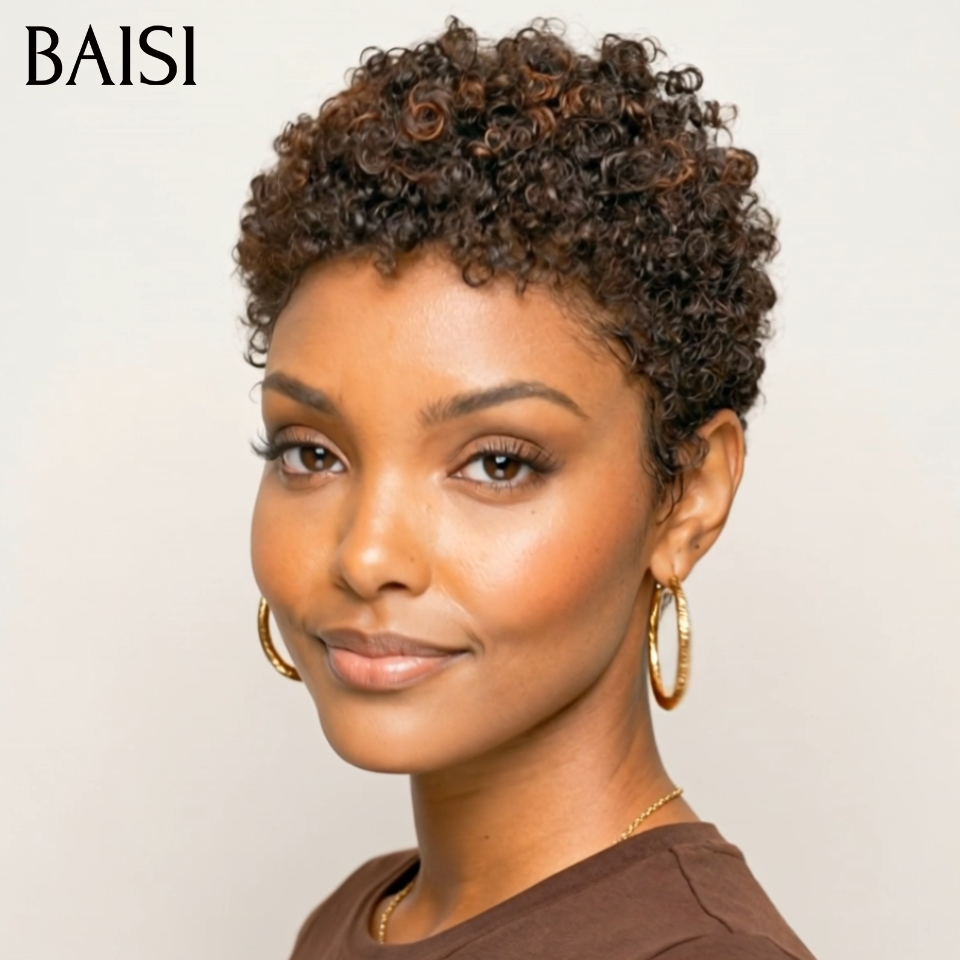 BAISI Achetez 2 perruques minimum au prix d'usine fournisseur en France TVA 0€ 48H arrivé pixie sans lace afro curly wave en noir mixte marron 40€ ou 13x4 Lace Frontal Perruque BOB Deep Wave Bob Sans Colle Lace  En 100% Cheveux Humains