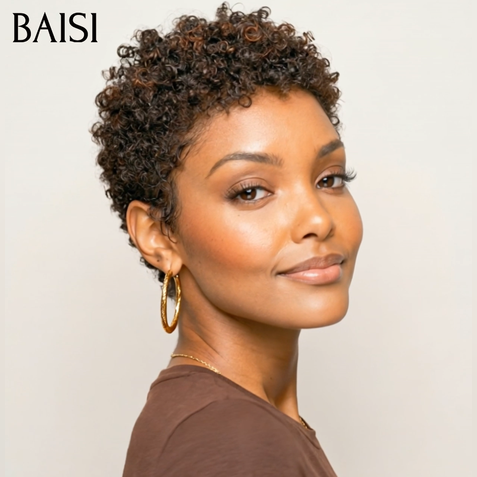 BAISI Achetez 2 perruques minimum au prix d'usine fournisseur en France TVA 0€ 48H arrivé pixie sans lace afro curly wave en noir mixte marron 40€ ou 13x4 Lace Frontal Perruque BOB Deep Wave Bob Sans Colle Lace  En 100% Cheveux Humains