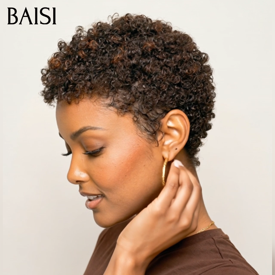 BAISI Achetez 2 perruques minimum au prix d'usine fournisseur en France TVA 0€ 48H arrivé pixie sans lace afro curly wave en noir mixte marron 40€ ou 13x4 Lace Frontal Perruque BOB Deep Wave Bob Sans Colle Lace  En 100% Cheveux Humains
