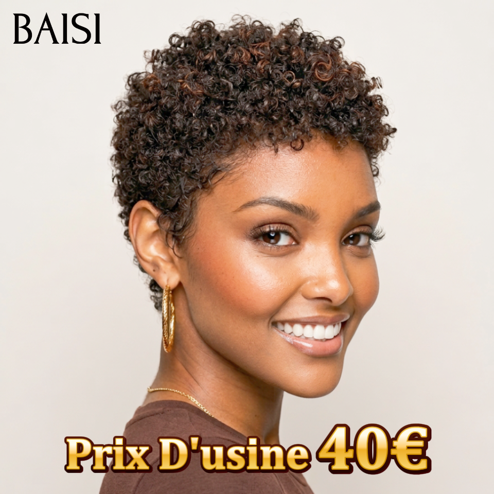 BAISI Achetez 2 perruques minimum au prix d'usine fournisseur en France TVA 0€ 48H arrivé pixie sans lace afro curly wave en noir mixte marron 40€ ou 13x4 Lace Frontal Perruque BOB Deep Wave Bob Sans Colle Lace  En 100% Cheveux Humains