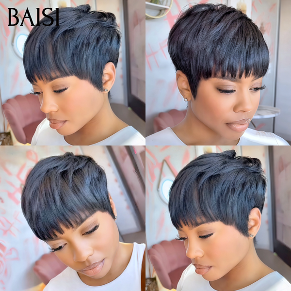 BAISI Promotion Polyvalent  perruques sans Colle avec Frange noir Seulement 50€ Promotion en France en 100% vrais cheveux humains