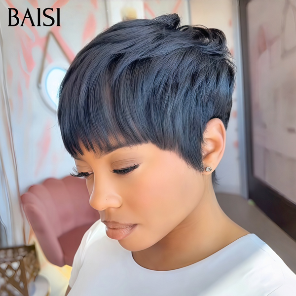 BAISI Promotion Polyvalent  perruques sans Colle avec Frange noir Seulement 50€ Promotion en France en 100% vrais cheveux humains