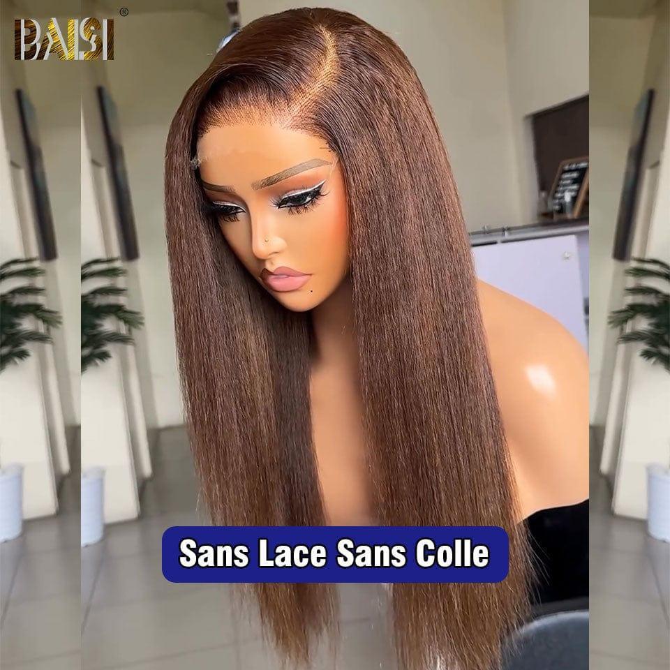 BAISI 4X6 peluca de encaje Kinky Straight en Brown 4# sin pegamento 100% cabello humano real