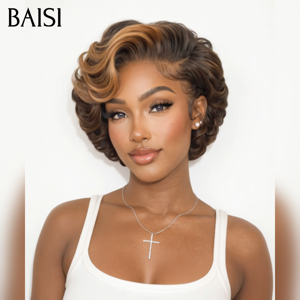 BAISI Achetez 2 perruques minimum au prix d'usine fournisseur Coupe Pixie bouclé En Marron Mixte Miel 100% Vrais Cheveux Humains (Pas Besoins De Code)