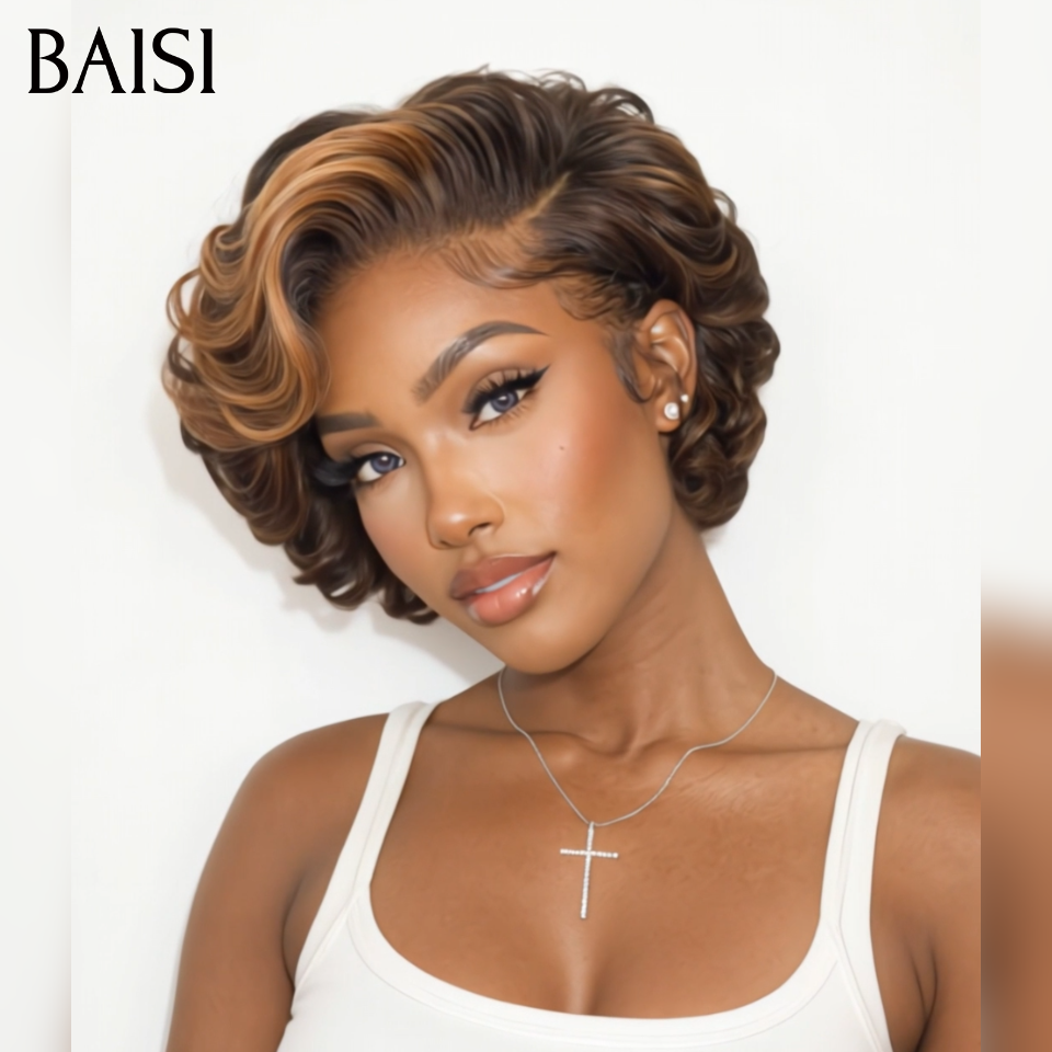 BAISI Achetez 2 perruques minimum au prix d'usine fournisseur Coupe Pixie bouclé En Marron Mixte Miel 100% Vrais Cheveux Humains (Pas Besoins De Code)