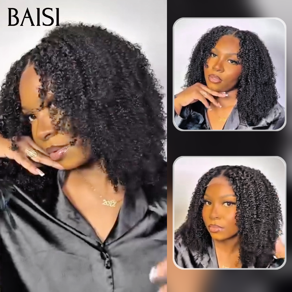 BAISI Grande SOLDES Perruque Naturelle Curly 12 Pouce 300% Densité Sans Colle Lace déjà couper Facile à Porter en 100% Vrais Cheveux Humains